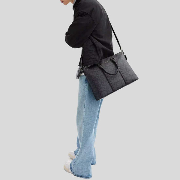 COACH Caleb Work Bag In Signature Canvas Charcoal/Black CY770
