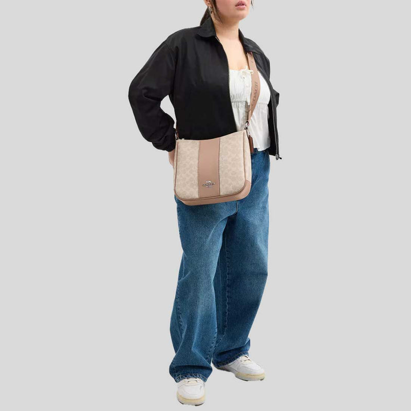 COACH Ellie File Bag In Signature Canvas With Stripe Sand/Taupe CZ183