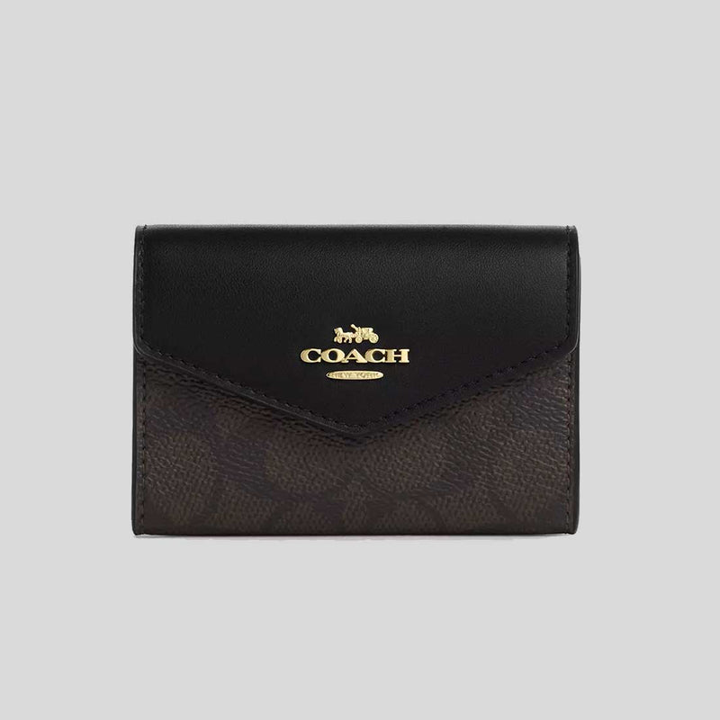 COACH Flap Card Case In Signature Canvas Walnut/Black CZ272