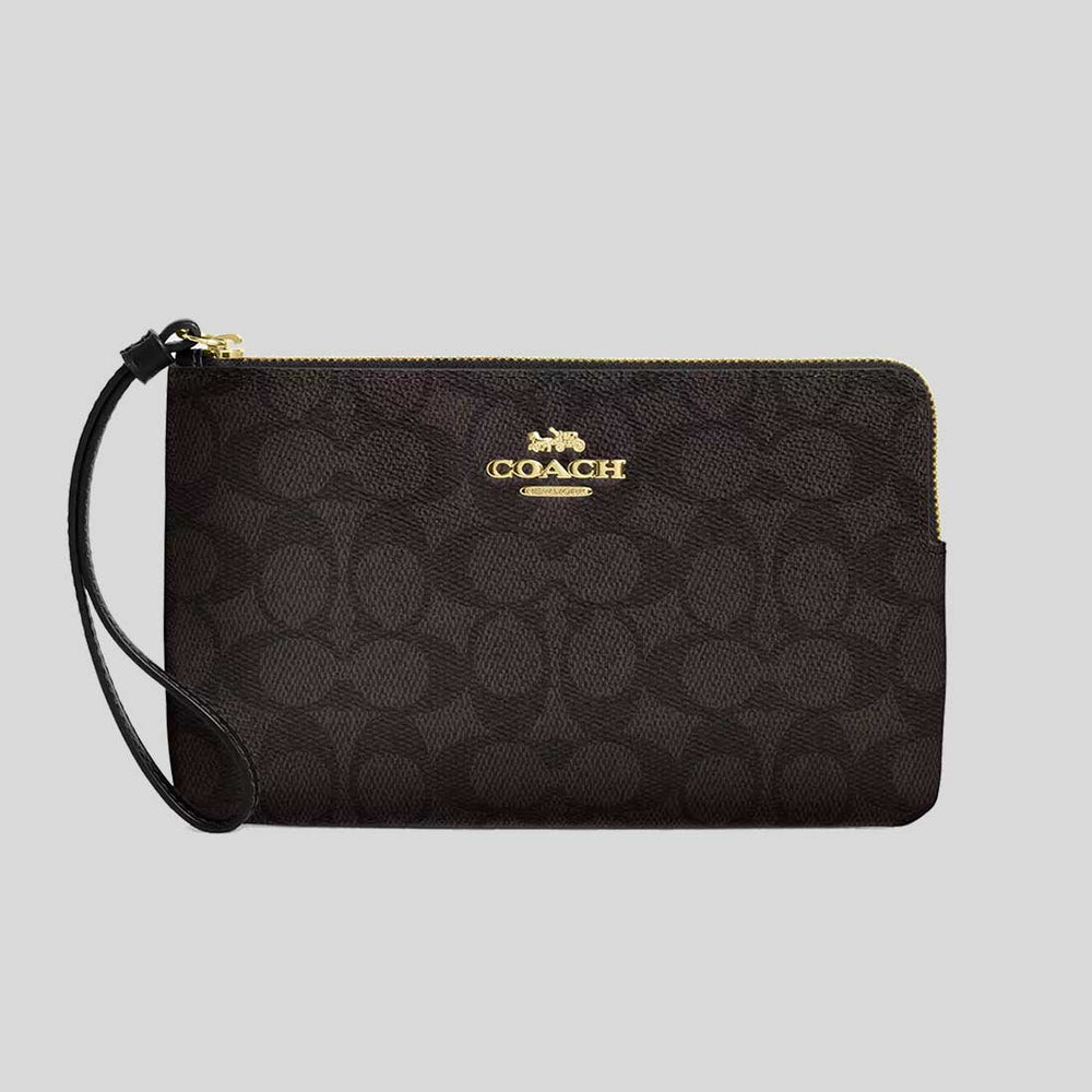 COACH Large Corner Zip Wristlet In Signature Canvas Walnut/Black CZ277