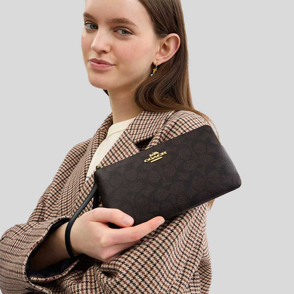 COACH Large Corner Zip Wristlet In Signature Canvas Walnut/Black CZ277