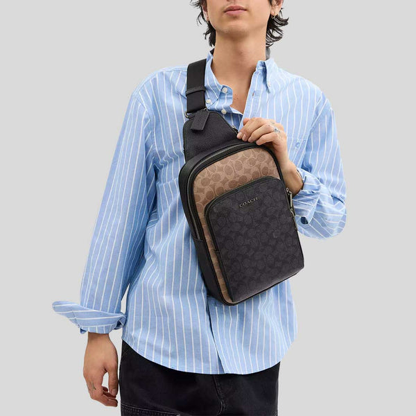 COACH Ethan Pack In Blocked Signature Canvas Tan/Charcoal/Black CZ394