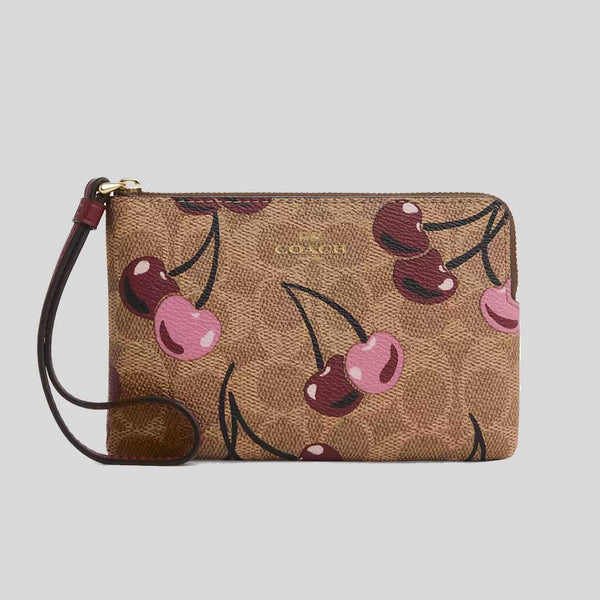 COACH Corner Zip Wristlet In Signature Canvas With Cherry Print Tan Multi CZ450