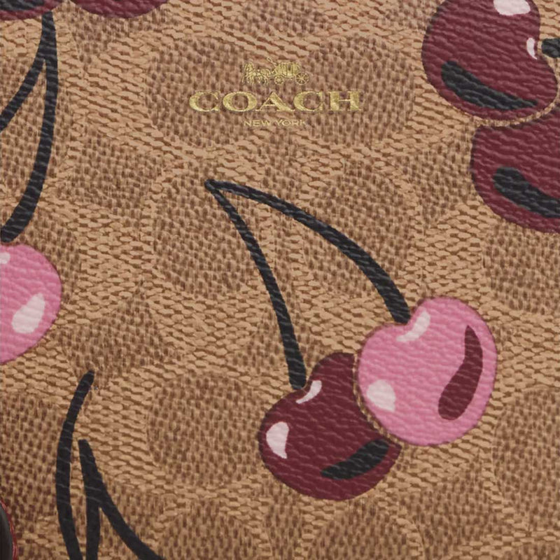 COACH Corner Zip Wristlet In Signature Canvas With Cherry Print Tan Multi CZ450