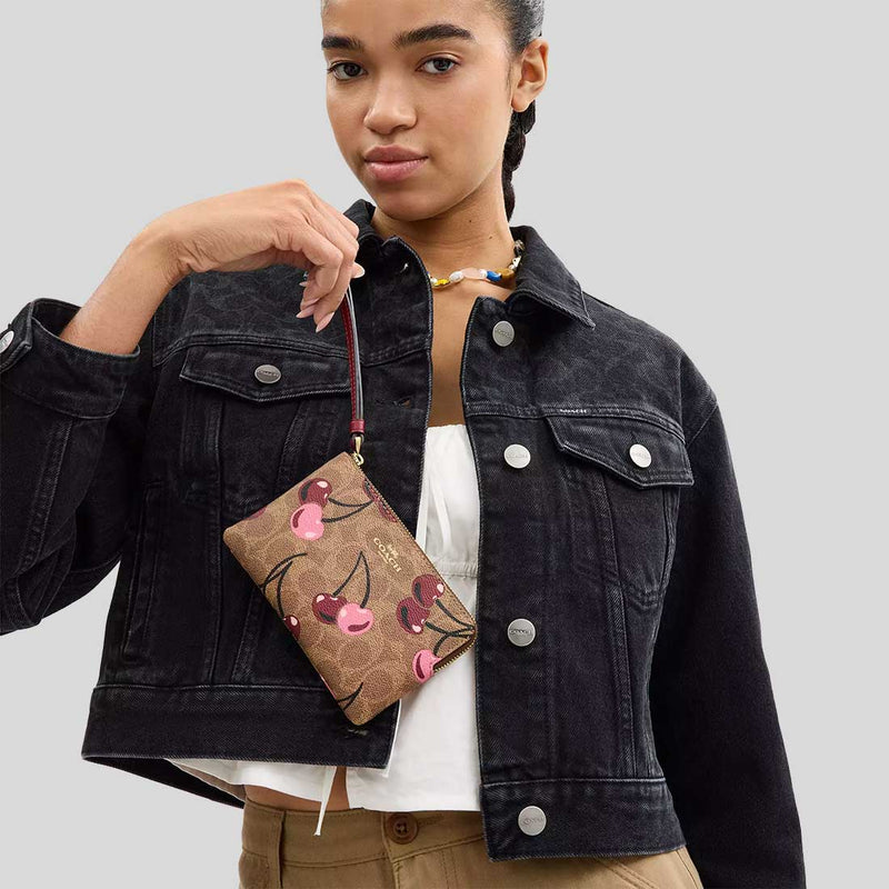 COACH Corner Zip Wristlet In Signature Canvas With Cherry Print Tan Multi CZ450