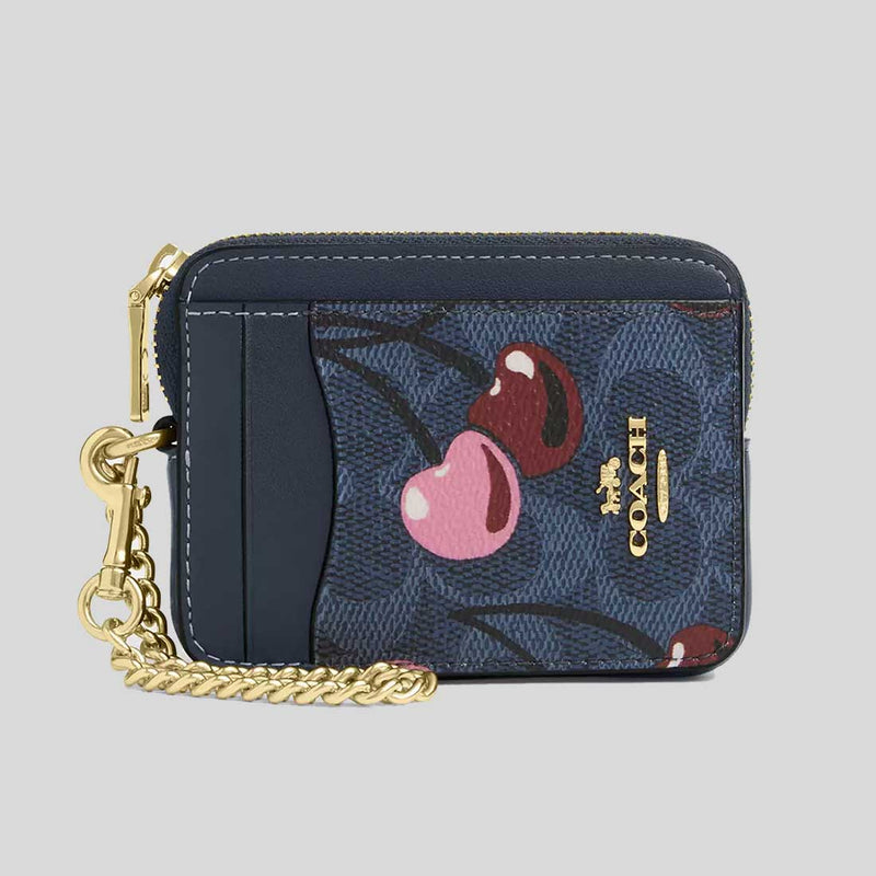 COACH Zip Card Case In Signature Canvas With Cherry Print Denim Multi CZ468