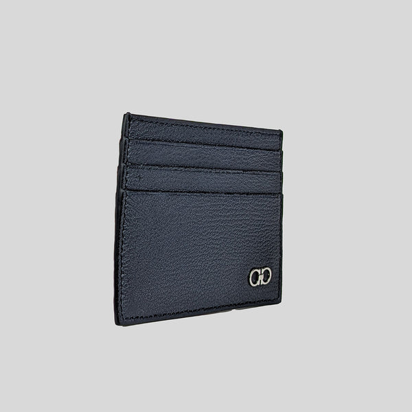 FERRAGAMO Men's Tall Leather Card Case Dark Blue 660983