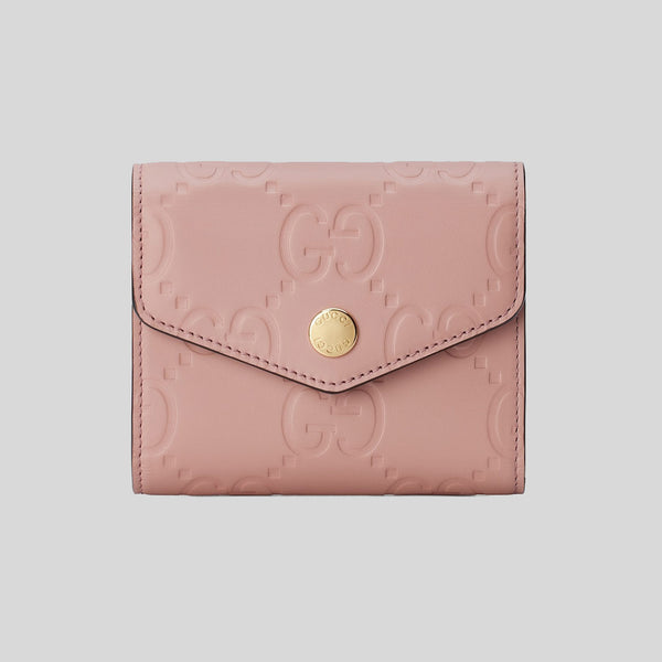 GUCCI Gilbert Calf Leather GG Trifold Wallet Dusty Rose 772793