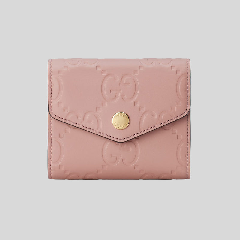 GUCCI Gilbert Calf Leather GG Trifold Wallet Dusty Rose 772793
