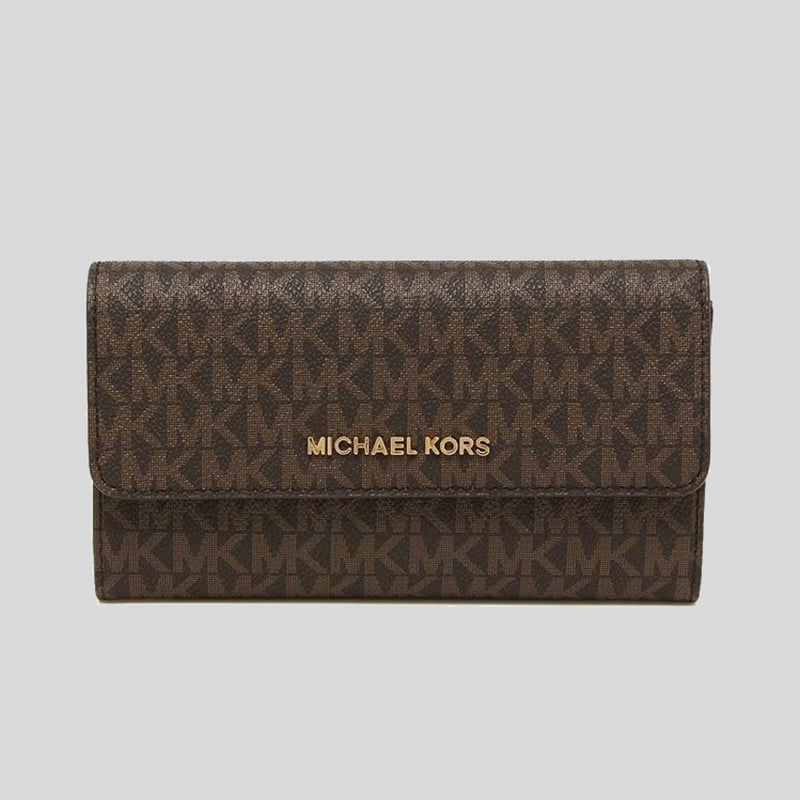 Michael Kors Jet Set Travel Large Trifold Wallet In Signature Coated Canvas Brown