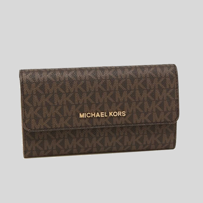Michael Kors Jet Set Travel Large Trifold Wallet In Signature Coated Canvas Brown 35F8GTVF3B