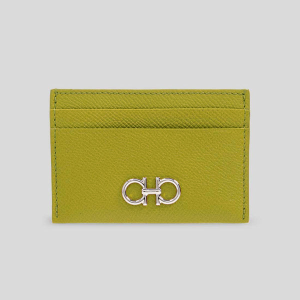 FERRAGAMO Gancini Leather Credit Card Holder Lemongrass 785196