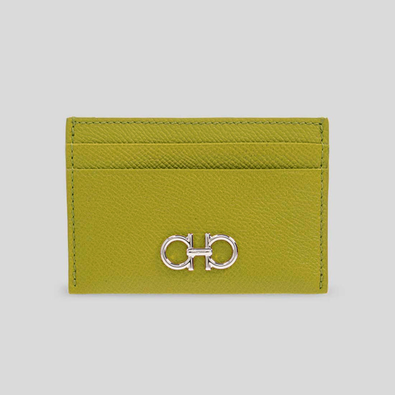 FERRAGAMO Gancini Leather Credit Card Holder Lemongrass 785196