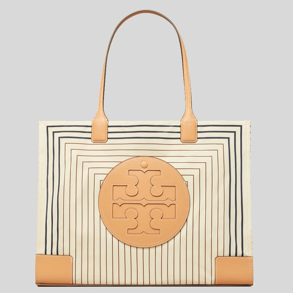 TORY BURCH Ella Printed Tote Bag Box Stripe/Natural Vachetta 88237