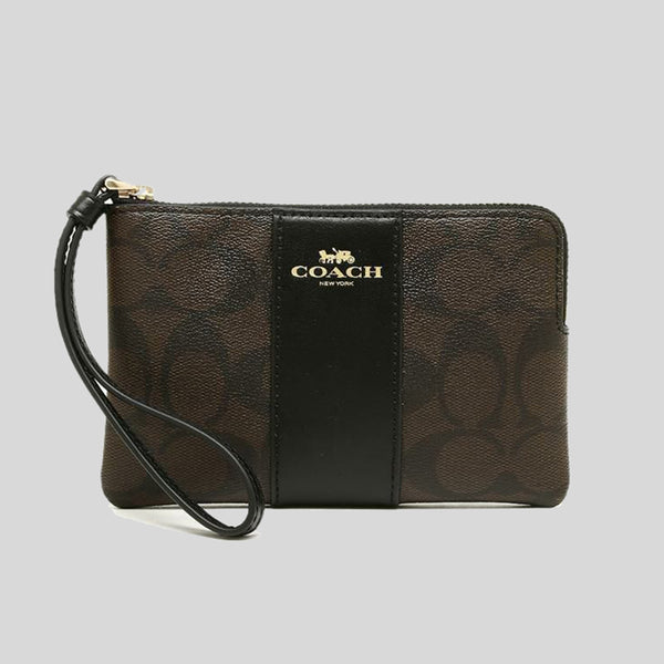 Coach Corner Zip Wristlet In Signature Canvas Brown Black 58035