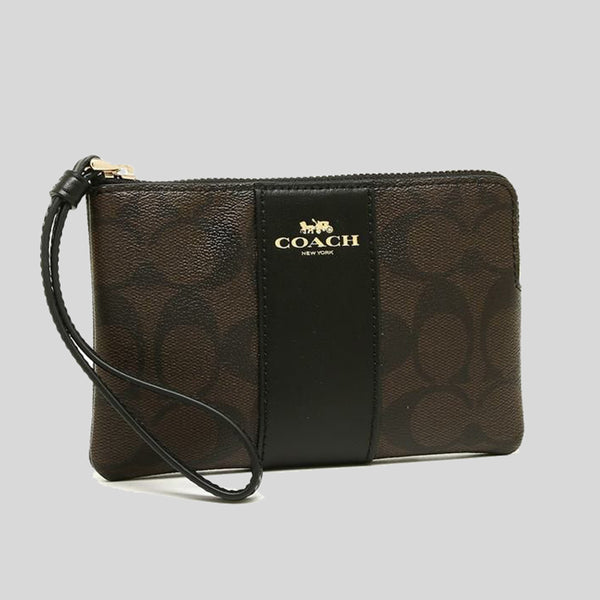 COACH Corner Zip Wristlet In Signature Canvas Brown Black 58035