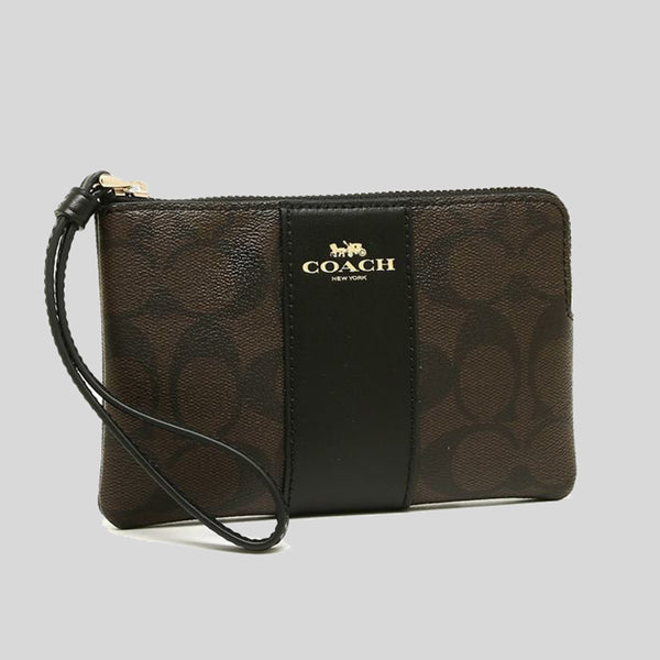 Coach Corner Zip Wristlet In Signature Canvas Brown Black 58035