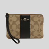 Coach Corner Zip Wristlet In Signature Canvas Khaki/Black 58035