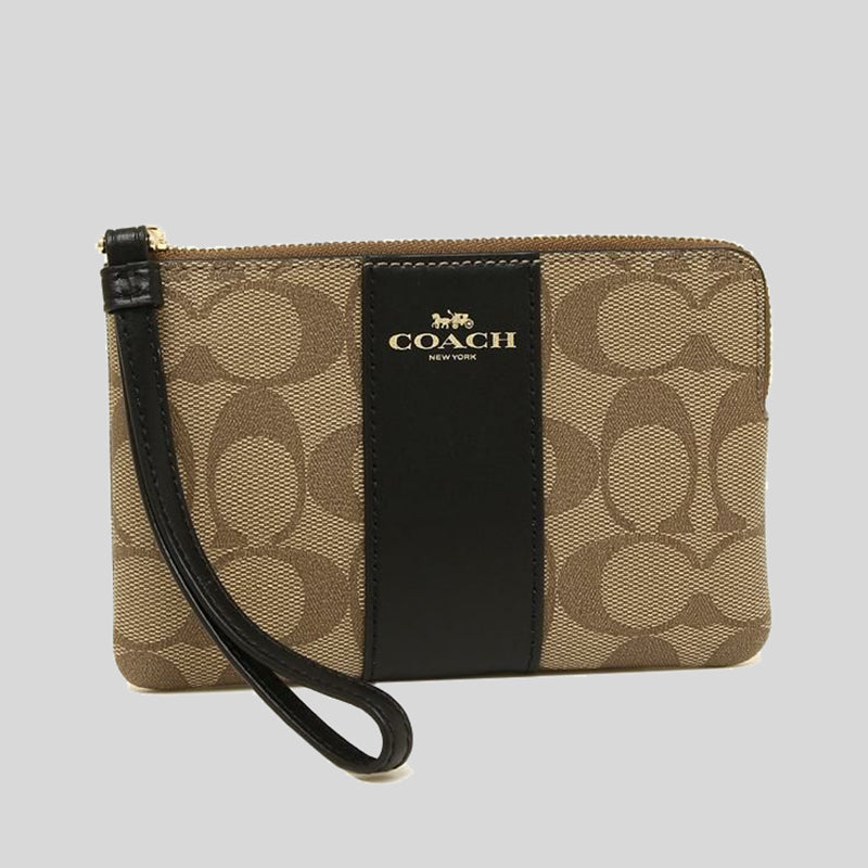 Coach Corner Zip Wristlet In Signature Canvas Khaki/Black 58035