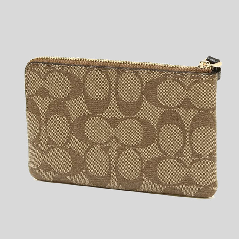 Coach Corner Zip Wristlet In Signature Canvas Khaki/Black 58035