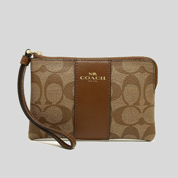 Coach Corner Zip Wristlet In Signature Canvas Khaki/Saddle 58035