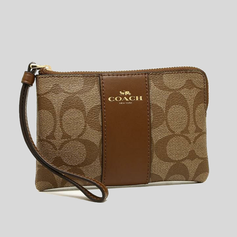 Coach Corner Zip Wristlet In Signature Canvas Khaki/Saddle 58035