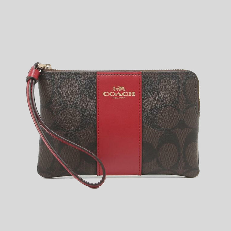 Coach Corner Zip Wristlet In Signature Canvas Brown 1941 Red 58035