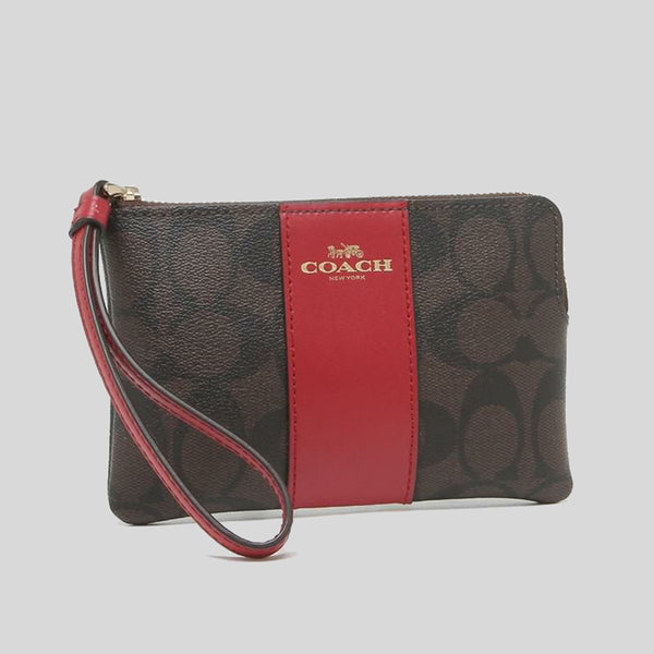 Coach Corner Zip Wristlet In Signature Canvas Brown 1941 Red 58035