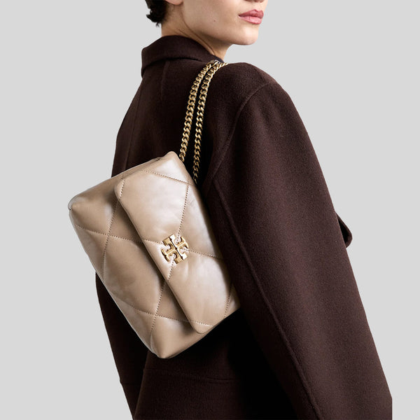 TORY BURCH Small Kira Diamond Quilt Convertible Shoulder Bag Taupe Oak 154706