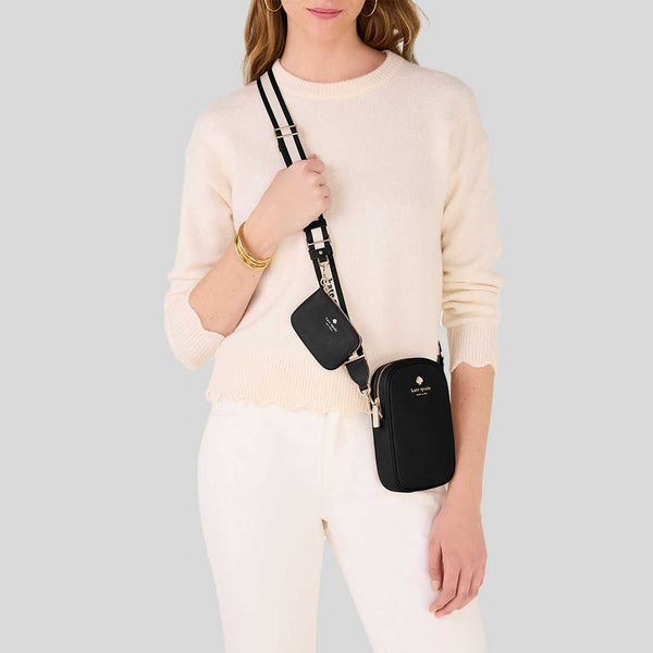 KATE SPADE Emma Pebbled Leather North South Phone Crossbody Bag Black KK258