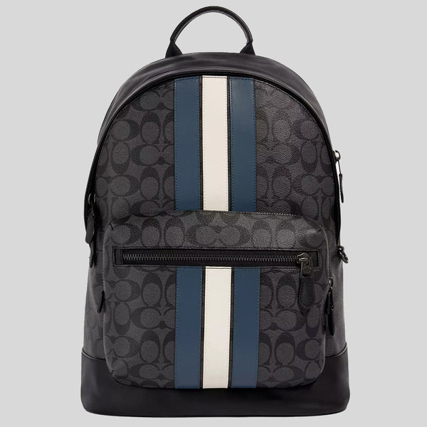 COACH West Backpack In Signature Canvas With Varsity Stripe Charcoal/Denim/Chalk 3001