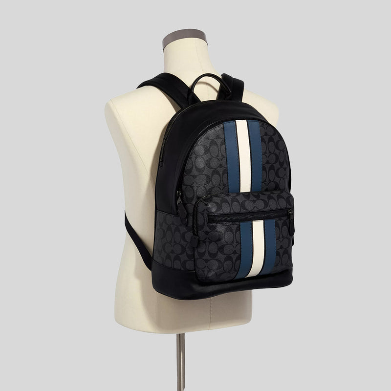 COACH West Backpack In Signature Canvas With Varsity Stripe Charcoal/Denim/Chalk 3001