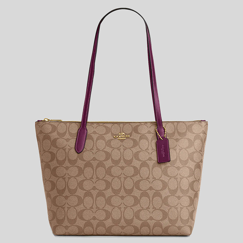 Coach Zip Top Tote In Signature Canvas Khaki/Deep Berry 4455
