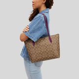 COACH Zip Top Tote In Signature Canvas Khaki/Deep Berry 4455