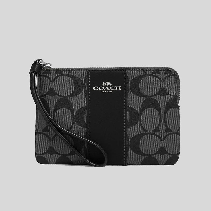 COACH Corner Zip Wristlet In Signature Canvas Graphite/Black CS602