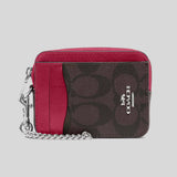 COACH Zip Card Case In Signature Canvas Brown/Bright Violet C0058