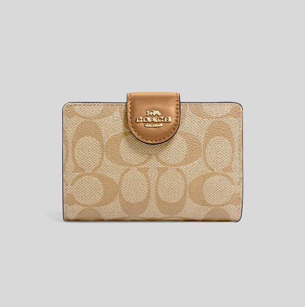 Coach Medium Corner Zip Wallet In Signature Canvas Light Khaki Saddle C0082