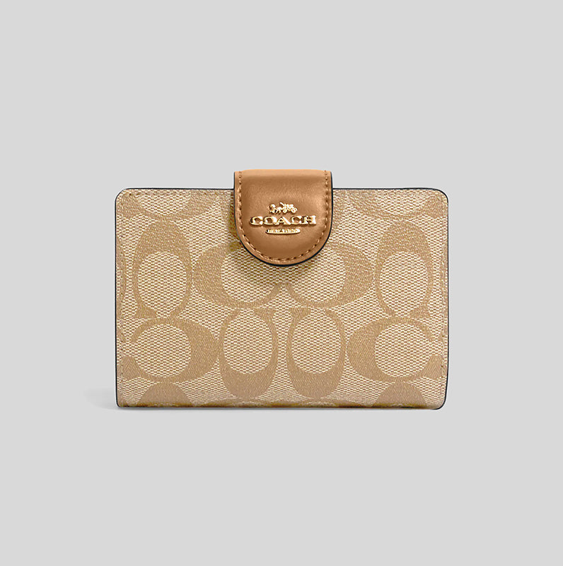 Coach Medium Corner Zip Wallet In Signature Canvas Light Khaki Saddle C0082