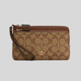 COACH Double Zip Wallet In Signature Canvas Khaki/Saddle C5576