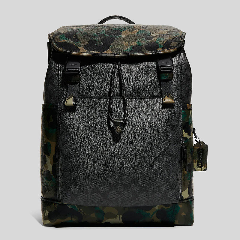 Coach League Flap Backpack In Signature Canvas With Camo Print Charcoal Multi C9734