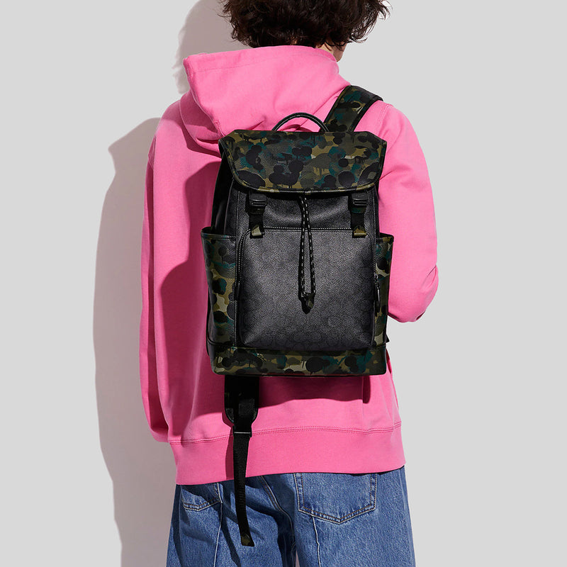 Coach League Flap Backpack In Signature Canvas With Camo Print Charcoal Multi C9734