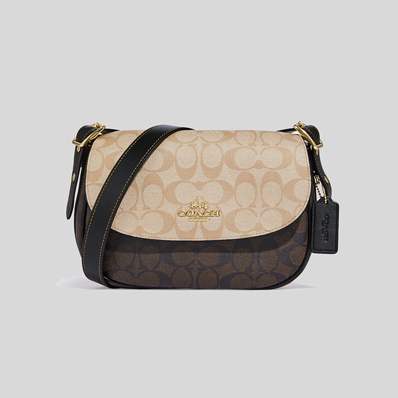 Coach Macie Saddle Bag In Blocked Signature Canvas Light Khaki Brown CB898