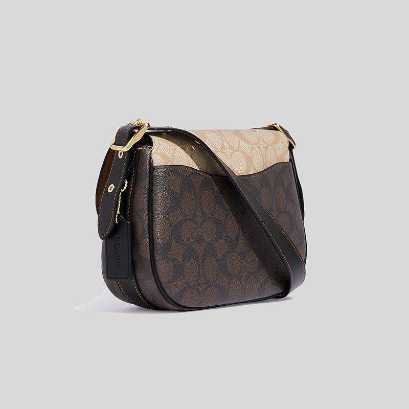 Coach Macie Saddle Bag In Blocked Signature Canvas Light Khaki Brown CB898