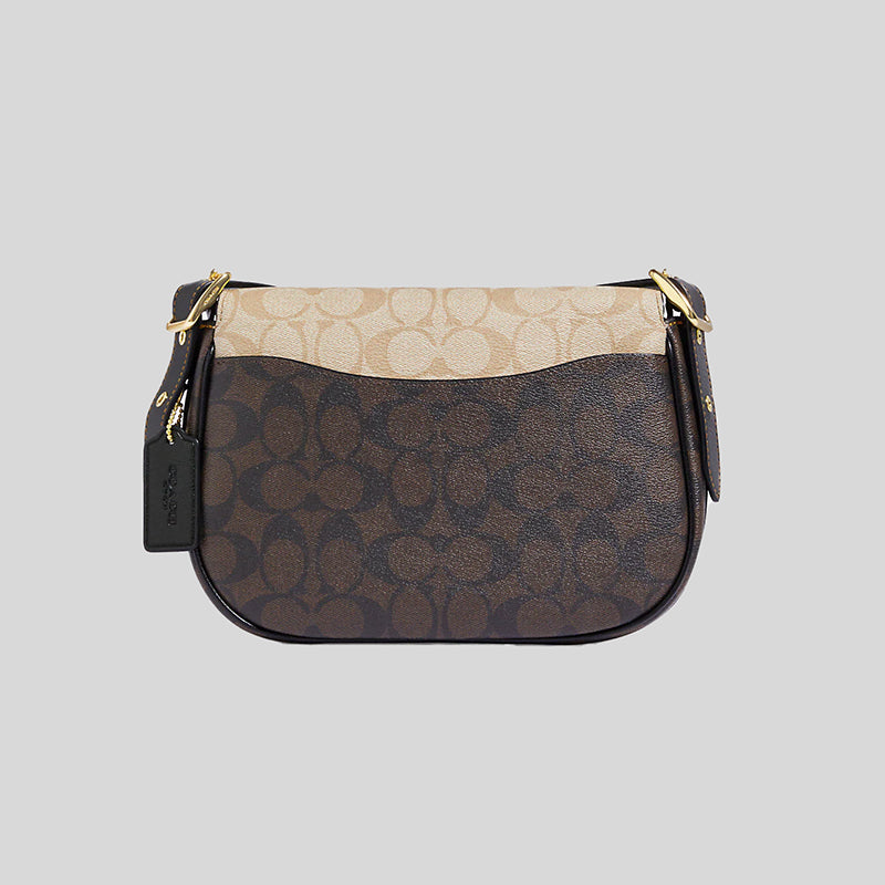 Coach Macie Saddle Bag In Blocked Signature Canvas Light Khaki Brown CB898