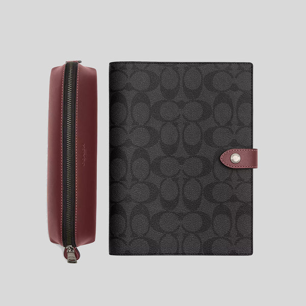 COACH Boxed Notebook And Pencil Case Gift Set In Colorblock Signature Canvas Charcoal/Wine CE908