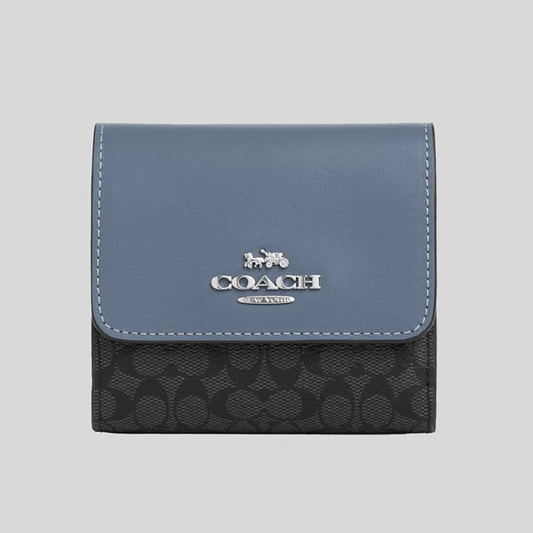COACH Small Trifold Wallet In Colorblock Signature Canvas Graphite/Light Mist CF369
