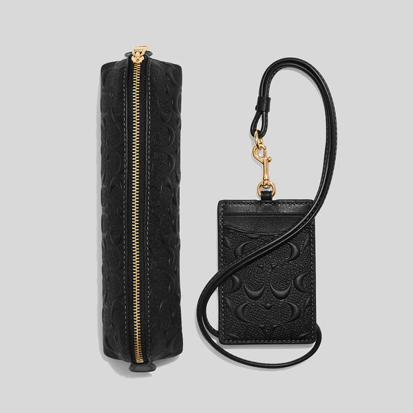Coach Boxed Pencil Case And Id Lanyard Set In Signature Leather Black CF467