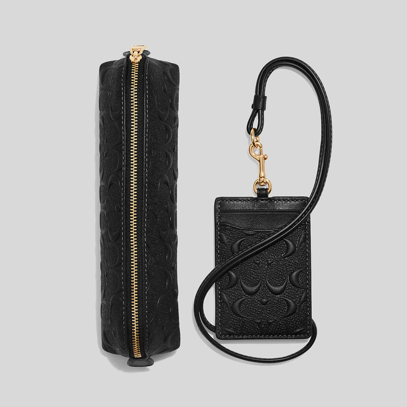 Coach Boxed Pencil Case And Id Lanyard Set In Signature Leather Black CF467