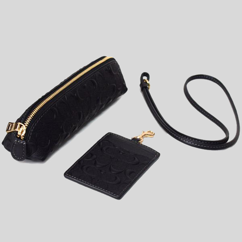 Coach Boxed Pencil Case And Id Lanyard Set In Signature Leather Black CF467