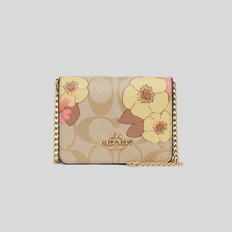Coach Mini Wallet On A Chain In Signature Canvas With Floral Cluster Print Light Khaki CH714